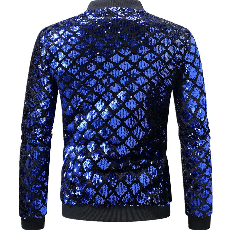 Blue Mens Sequins Long Sleeve Jacket Baseball Collar Zipper Casual Coats Stylish Rib Sleeve Tops European Size S-XXL 250812