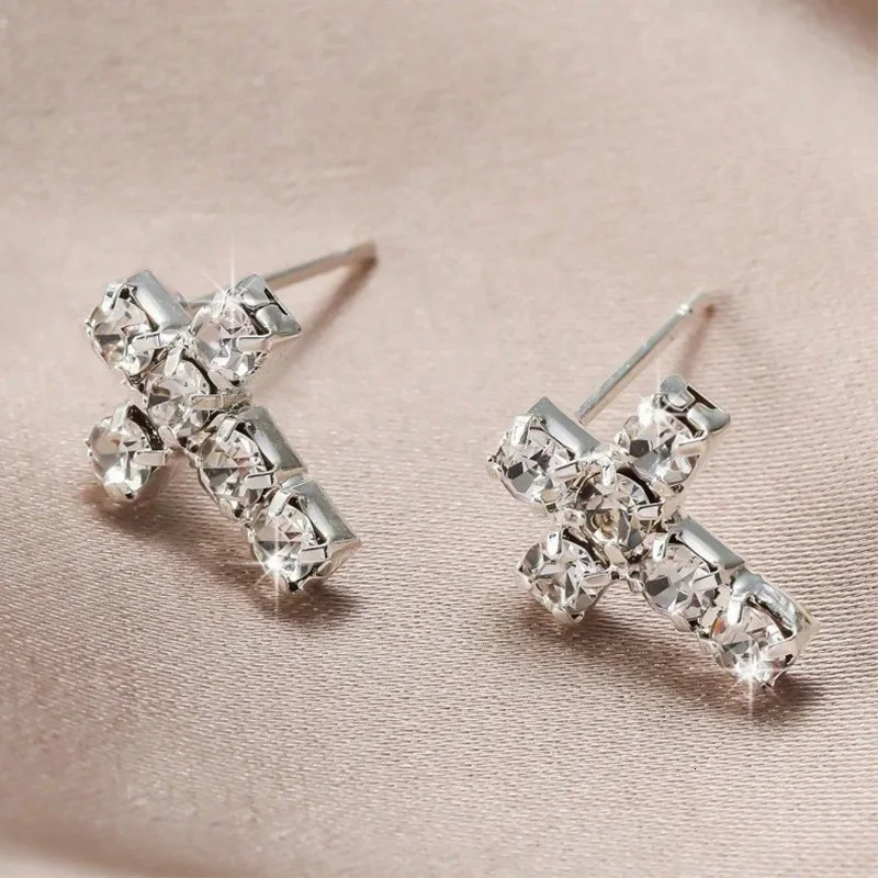 Cross Gothic Earrings Silver Color 2025 Trend Earrings Rhinestones Small Fashion Jewelry Party Gifts Accessories 250812