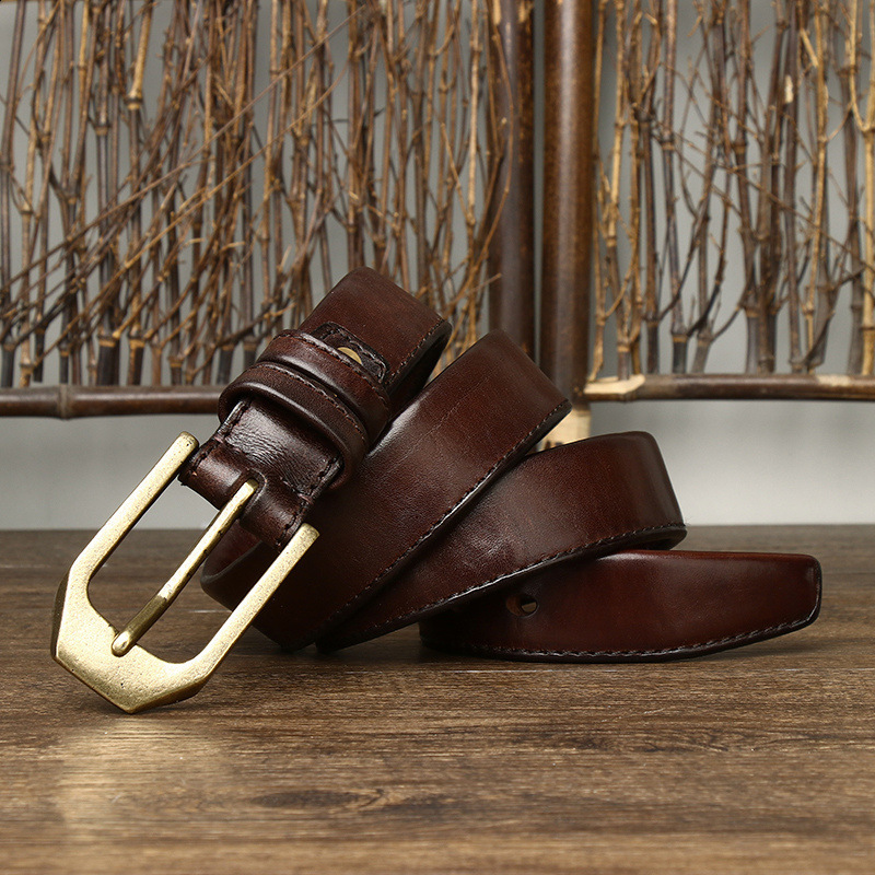 Red Tornado Genuine Leather Slide Belt with Vintage Brass Buckle For Casual Dress Pants 250102