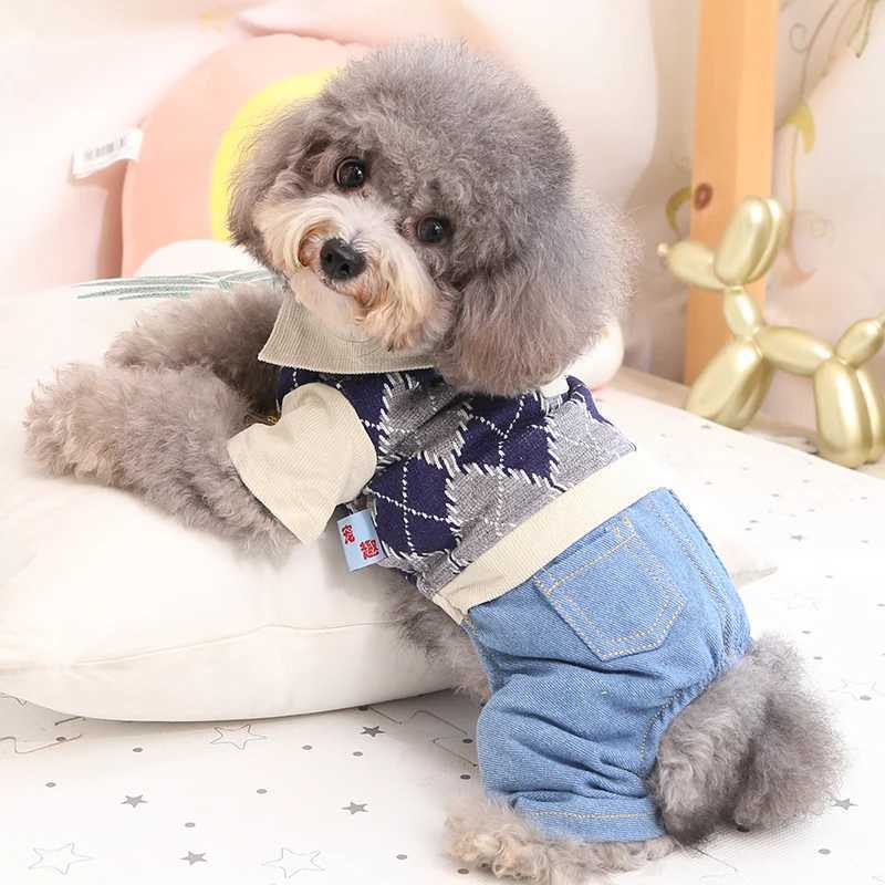 Plaid Pet Sweater Overall Jumpsuit With Denim Trousers Yellow Gray Autumn Spring Dog Boy Girl Suit Shih Tzu Puppy Apparel Sets XJ250813