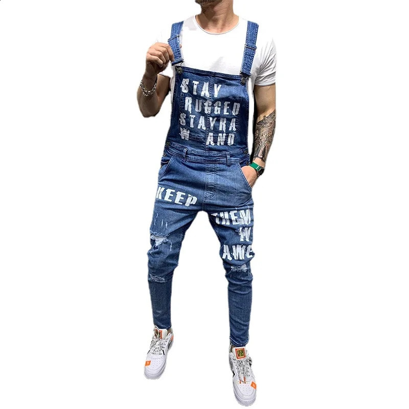 Men Suspenders Denim Jumpsuit Letters Trousers Fashion Overalls Mens Ripped Printed Jeans Streetwear 250808