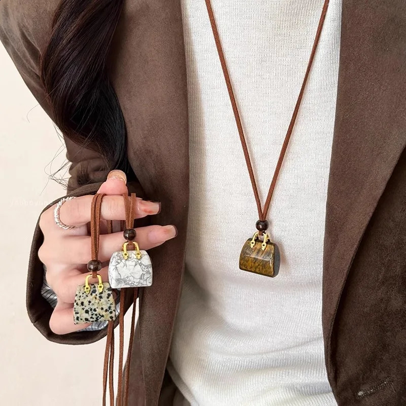 Vintage Cute Small Stone Bag Pendant Long Necklace for Women Korean Velvet Sweater Chain Jewelry Versatile Hanging Accessory 250811