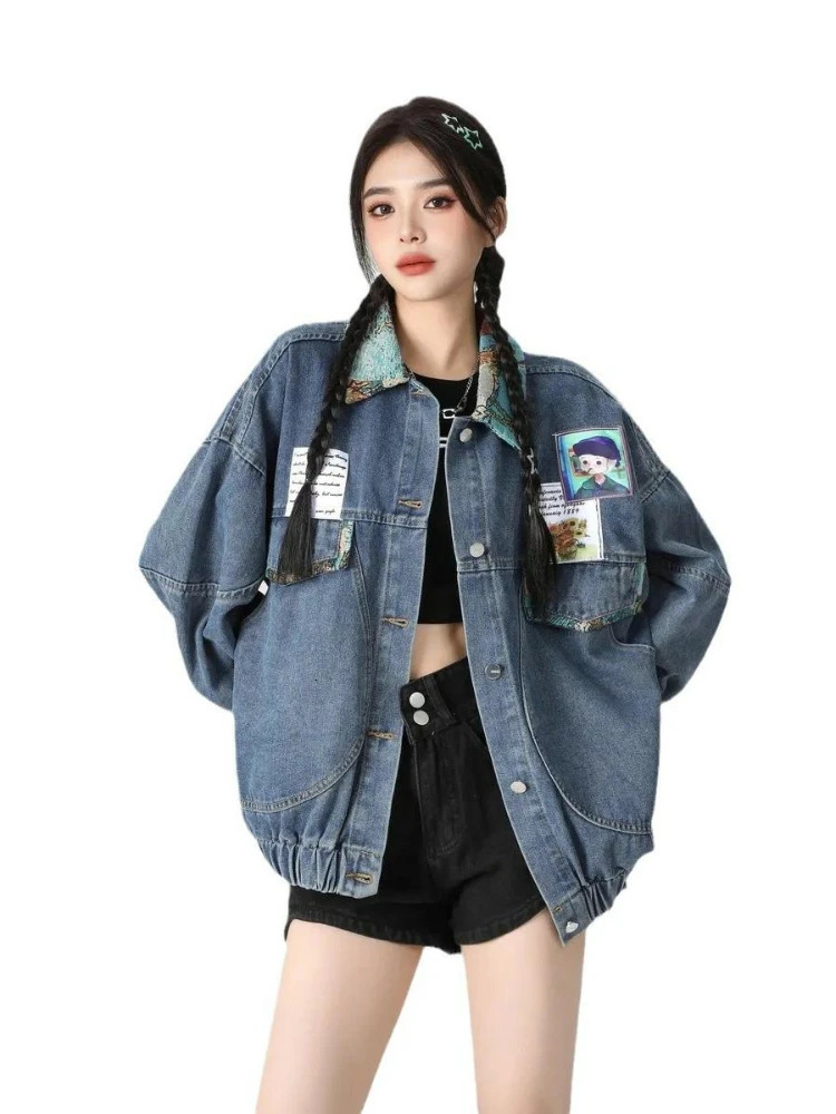 Womens Cartoon Cat Jacket 2025 Woman Lantern Bubble Sleeve Jackets Female Denim Coats Fashion Brand Jeans Jacket 250811