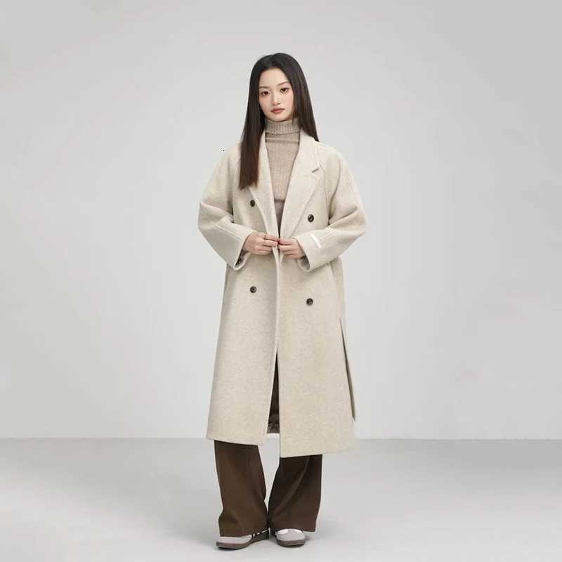 Winter Korean Women Faux Woolen Coats Harajuku Elegant Lapel Solid Belt Thick Long Coats Female Loose All Match Blends Outerwear Z250813