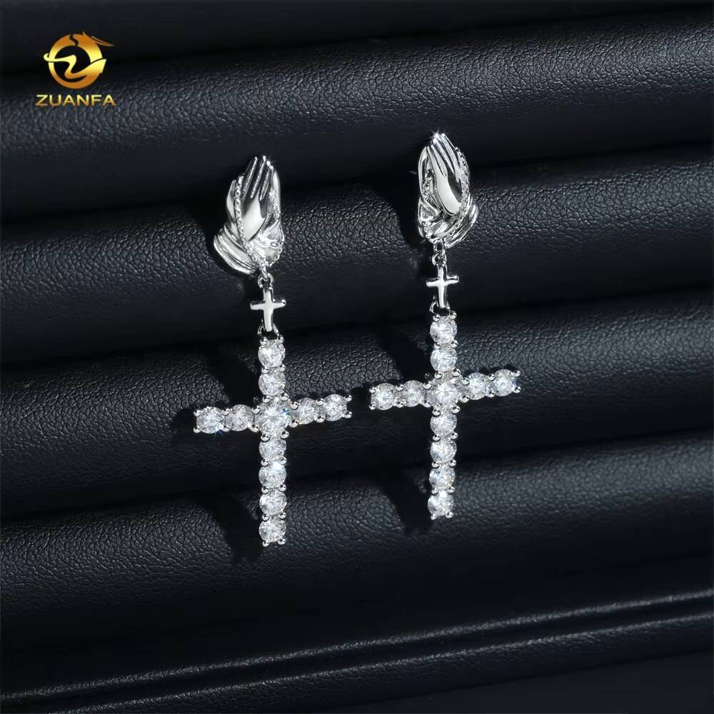 Fashion Hip-Hop Style Iced 925 Silver Applause Drop Cross Moissanite Men's Earrings New Design
