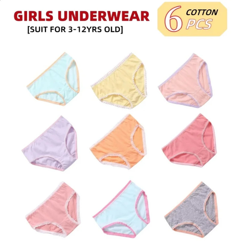 6PcsLot Random Color Girls Solid Briefs Panties Kids Underwear Cotton 112years 250812