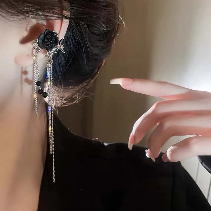 2025 Fashion Black Flower Long Tassel Clip Earrings for Women Punk Goth Without Piercing Zircon Ear Cuff Aesthetic Y2K Jewelry 250812