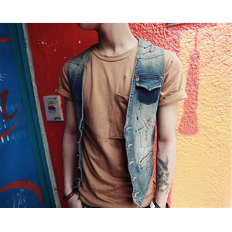 Mens Denim Vest Jeans Men Cowboy Vintage Casual Sleeveless Jacket Holes Personalized Cardigan Overcoats Clothing 250805