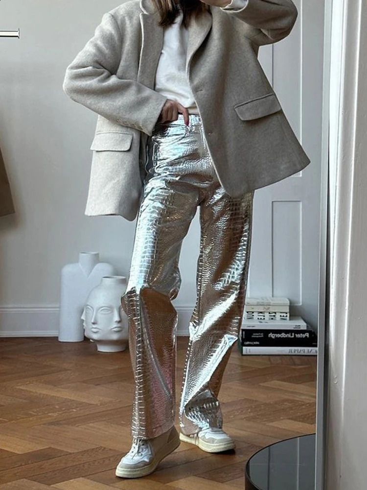 Gold Sliver Leather Pants Women Casual High Waist Straight Wide Leg Ankle Length Trousers Scale Leather Party Club Wears 250812