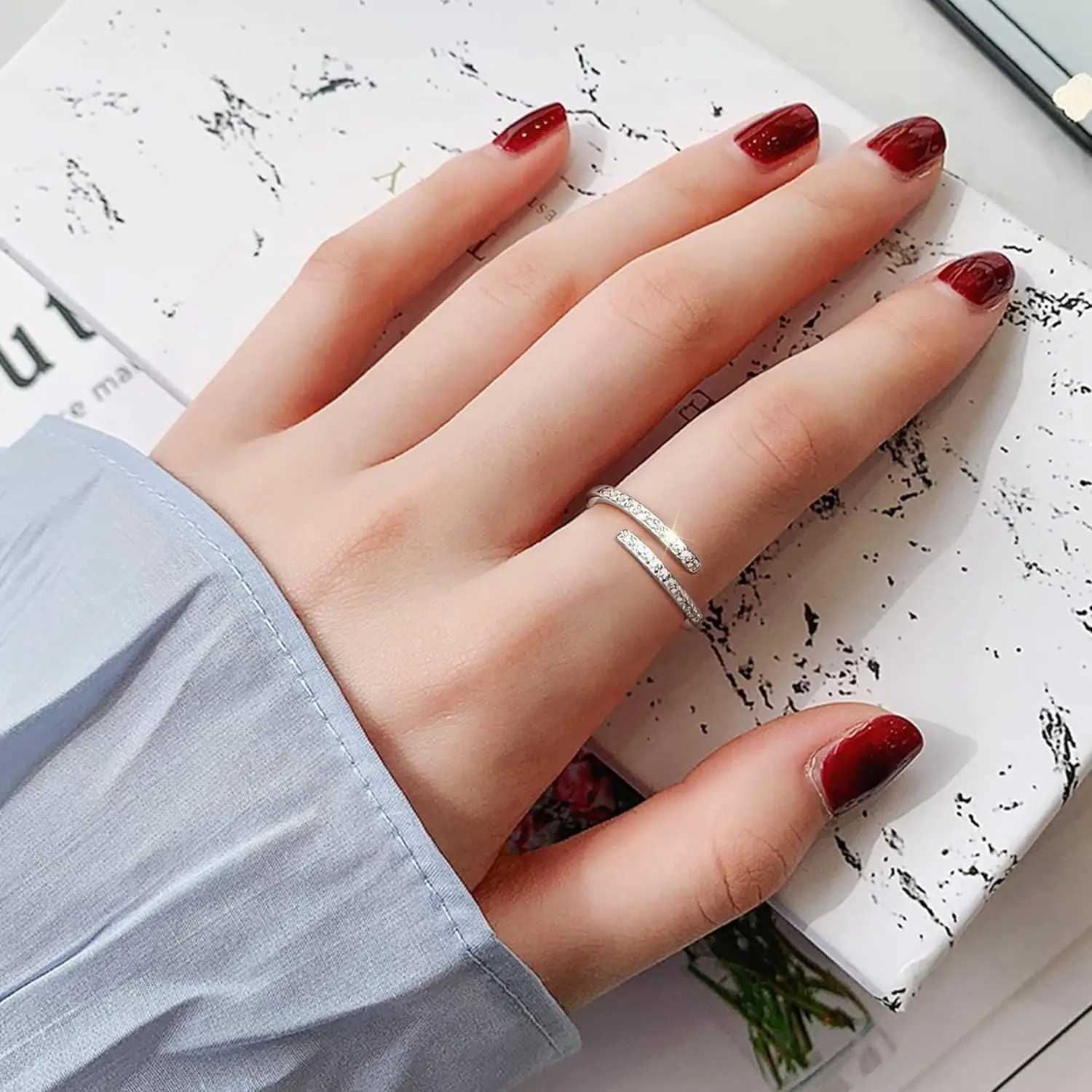 Fansilver Open Ring S925 Sterling Silver for Women Adjustable Cubic Zirconia Rings 2MM CZ Minimalist Open Ring for Gift W250812