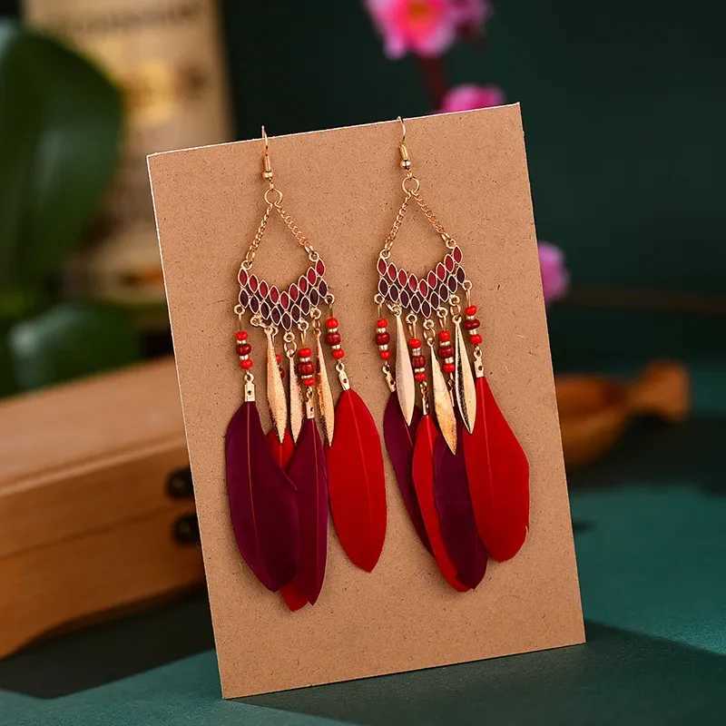 Bohemian Ethnic Feather Dangle Earrings For Women Trendy Long Tassel Colorful Beads Drop Earrings Girl Female Boho Jewelry Y250812