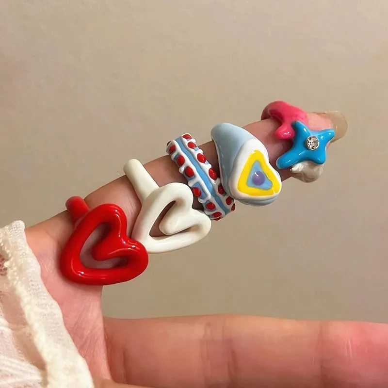 Colorful Enamel Heart Sweet Ring Trendy Geometric Dripping Oil for Women Girls Funny Y2K Chunky Jewelry Summer New W250812