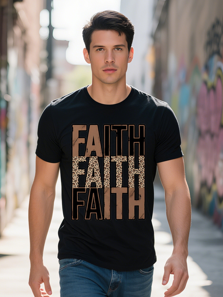 Men s Faith T Shirt Round Neck Short Sleeve Blend Black with Leopard Print Stylized Lettering Essential