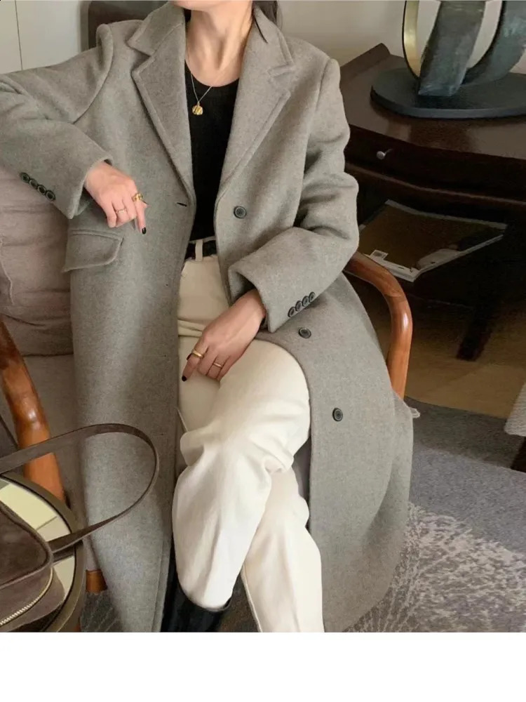 Autumn Winter Long Woolen Coats Women Elegant Single Breasted Commute Blazer Jacket Overcoat Korean Casual High Street Outerwear 250805