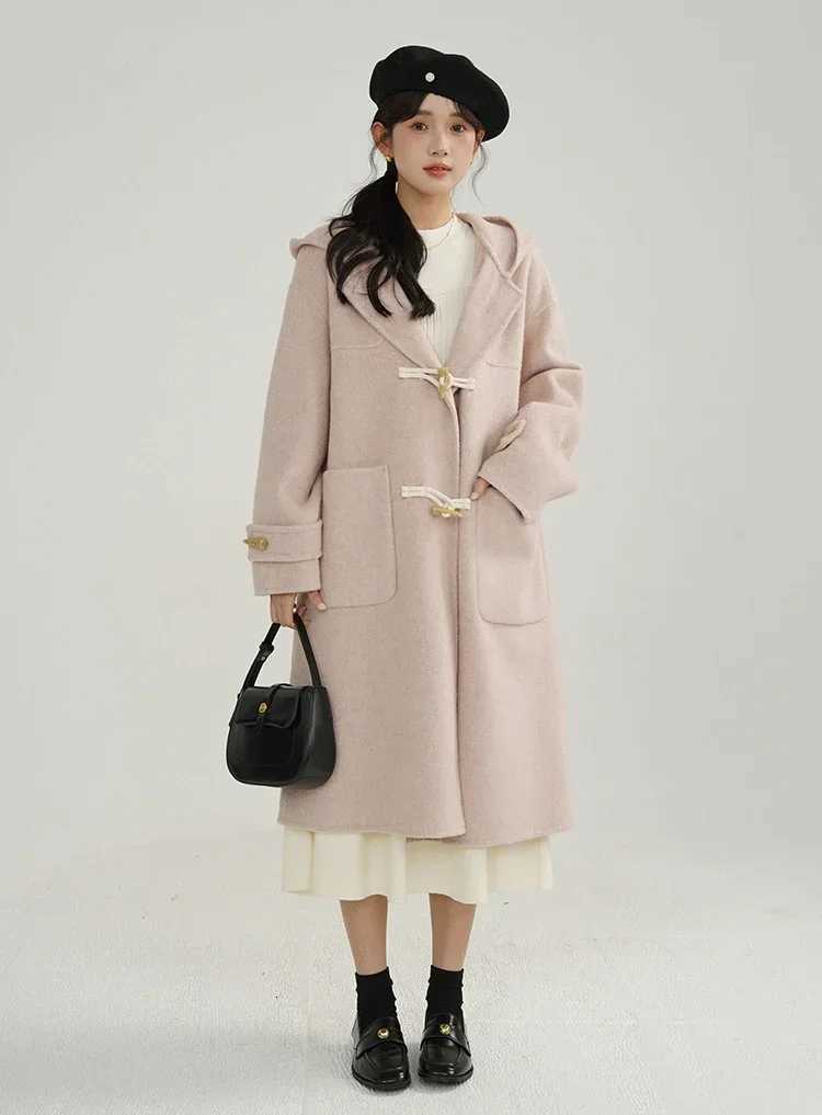 Vintage Hooded Wool Coat with Denim Horn Buttons Double-Sided Casual Loose Fit Duffle Coat for Women Warm Stylish Outerwear Z250813