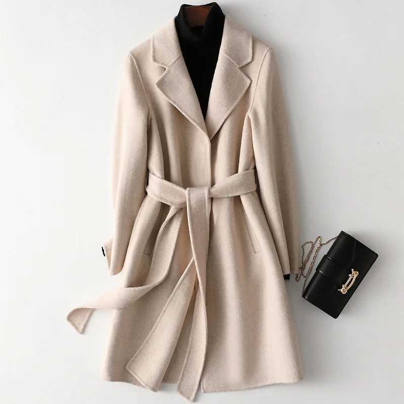 100% Wool Coats for Women Autumn Turn Down Collar Midi Length Coats Women Woolen Coat with Belt Womens Jacket Tops Z250813