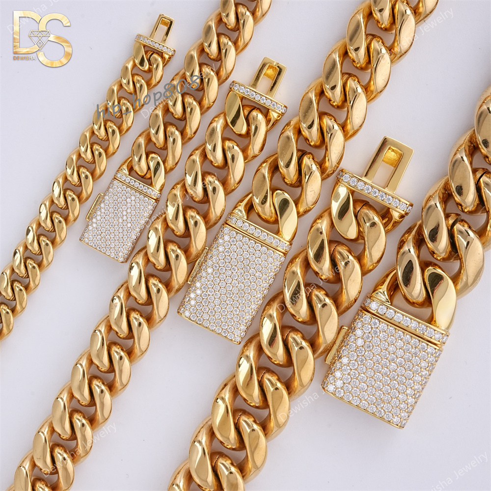 Wholesale 14K 18K Gold Plated Cuban Link Necklace Men 8mm-18mm 925 Silver Moissanite Clasp Miami Chain