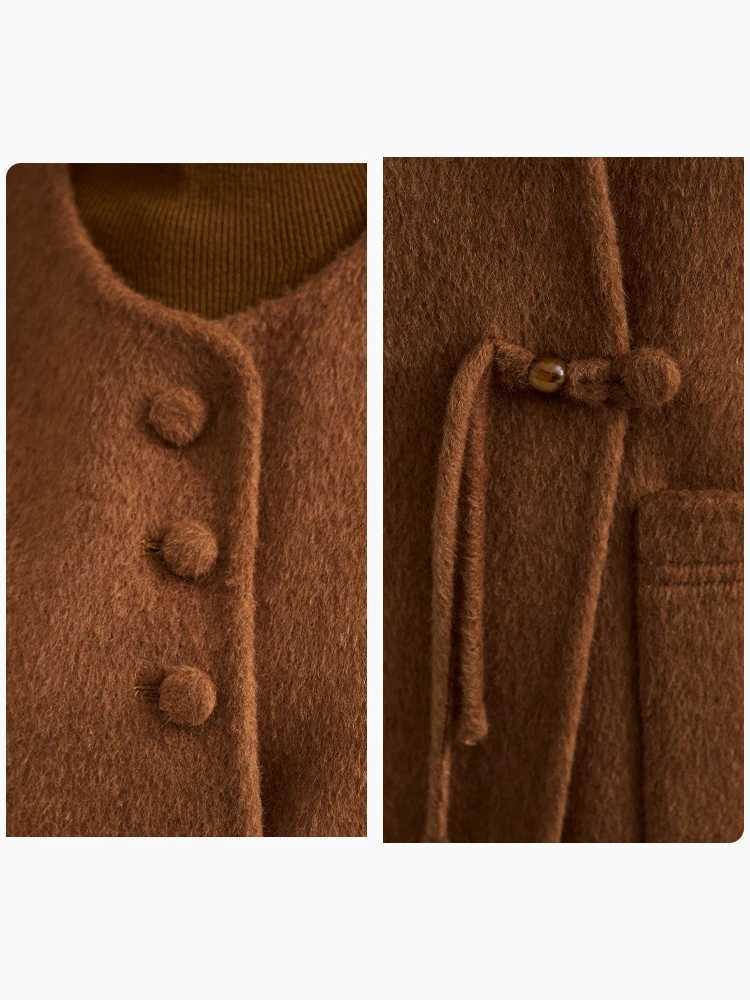 AMII Minimalist Neo-Chinese Woolen Camel Wool Double-Sided Coat for Women 2024 Winter Round Neck Female Loose Outerwear 12444124 Z250813