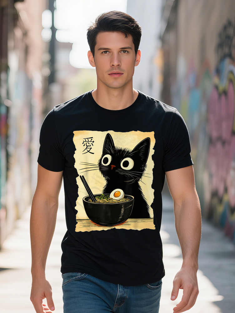 Cotton Funny Ramen Graphic Tee Kawaii Japanese Anime Style Short Sleeve Round Neck Black with Whimsical Cat 162e3