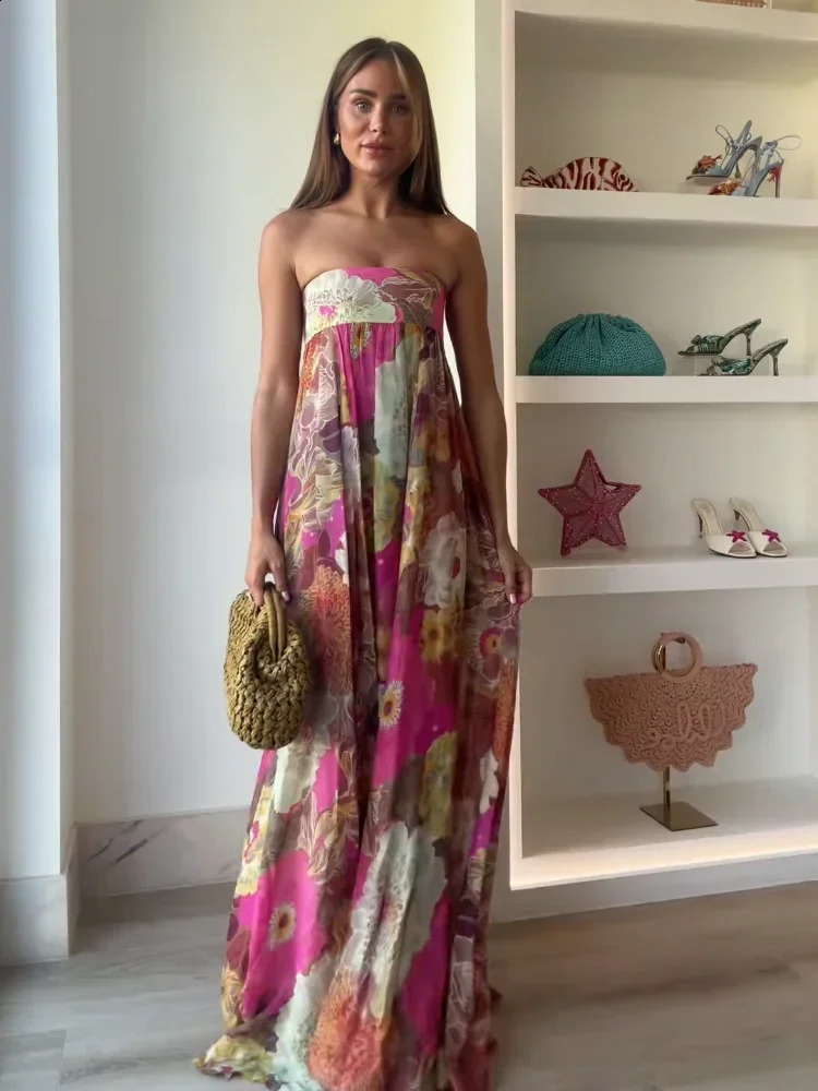 Women Flower Print Pleated Maxi Dress Sexy Backless Sleeveless Off Shoulder Loose Vestidos Summer Vacation Street Robes 250805