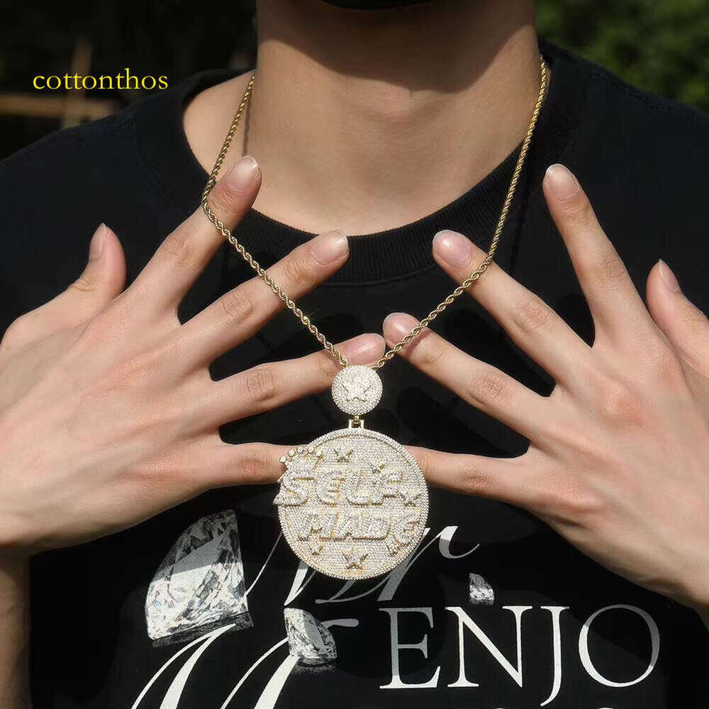 Hip-hop style oversized round disc ice pendant featuring custom-designed letters with VVS sapphires. Men's fashionable necklace, body decoration 