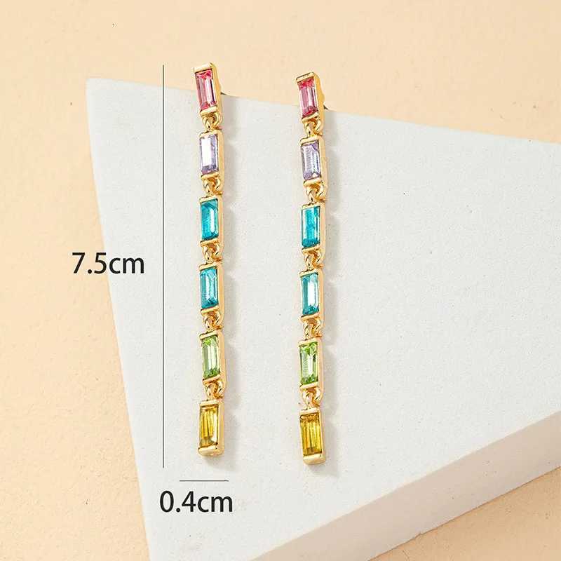 Gold Plated Jewelry Long Colorful Rainbow Rhinestone Crystal Baguette Gemstone Statement Drop Earrings for Women 2023 Trending Y250812