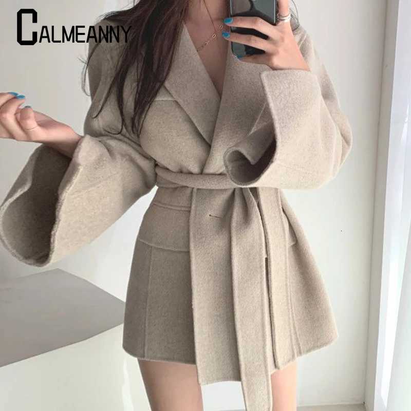 2023 Winter New Style Woolen Jacket Women Lace-up Chic Thick Blend Korean Edition Elegant Lapel Long Coats Ladies Office Trend Z250813