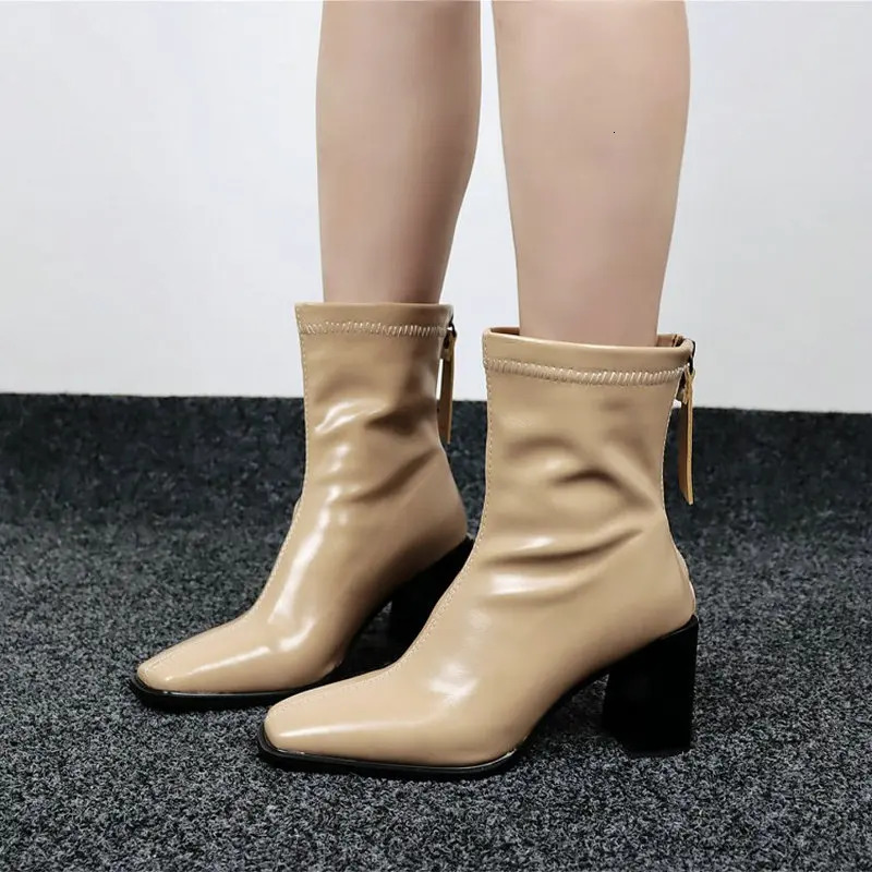 black boots patent PU leather glossy stretch booties red beige square toe block high heels winter boots women size 34-43 250812