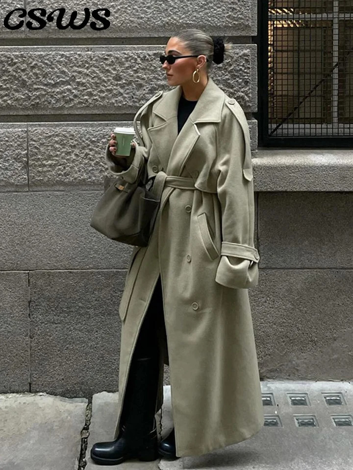 Elegant Woolen Label Long Coat With Belt Khaki Green Loose Full Sleeve Pocket Coats Autumn Winter Solid Patchwork Outwear 250811