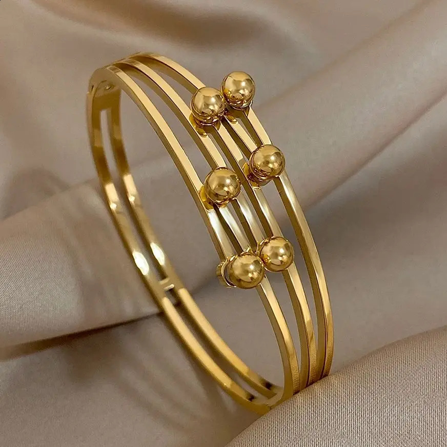 Fashion Multilayer Metal Ball Wrap Cuff Bracelet Bangle for Women Chunky Gold Plated Stainless Steel Bracelet Waterproof Jewelry 250812