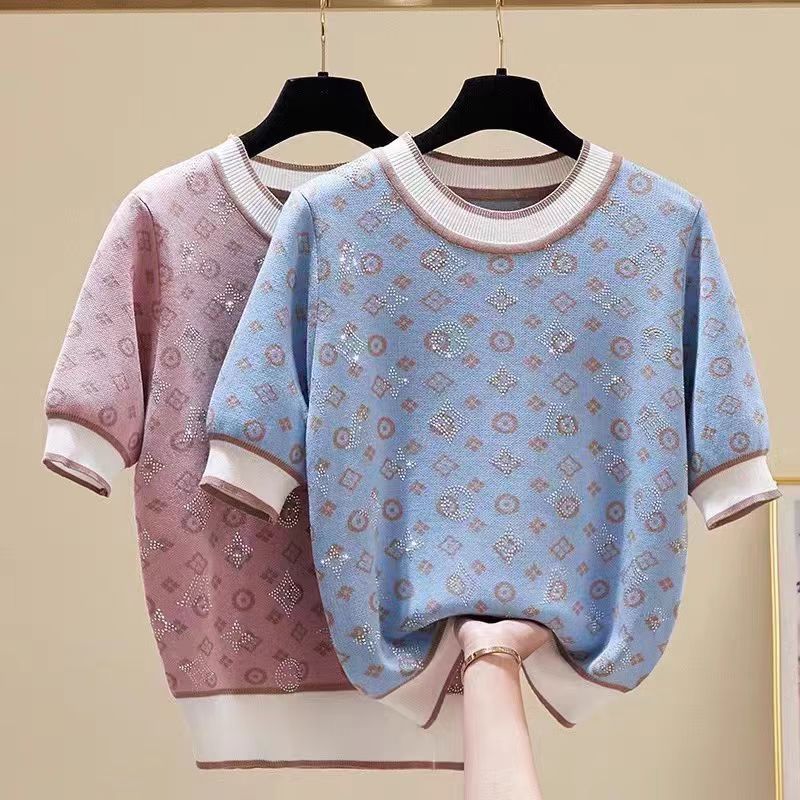 Women's Summer Short-Sleeve T-Shirt with Rhinestone Embellished Print Xiaoxiangfeng Knitted Fabric