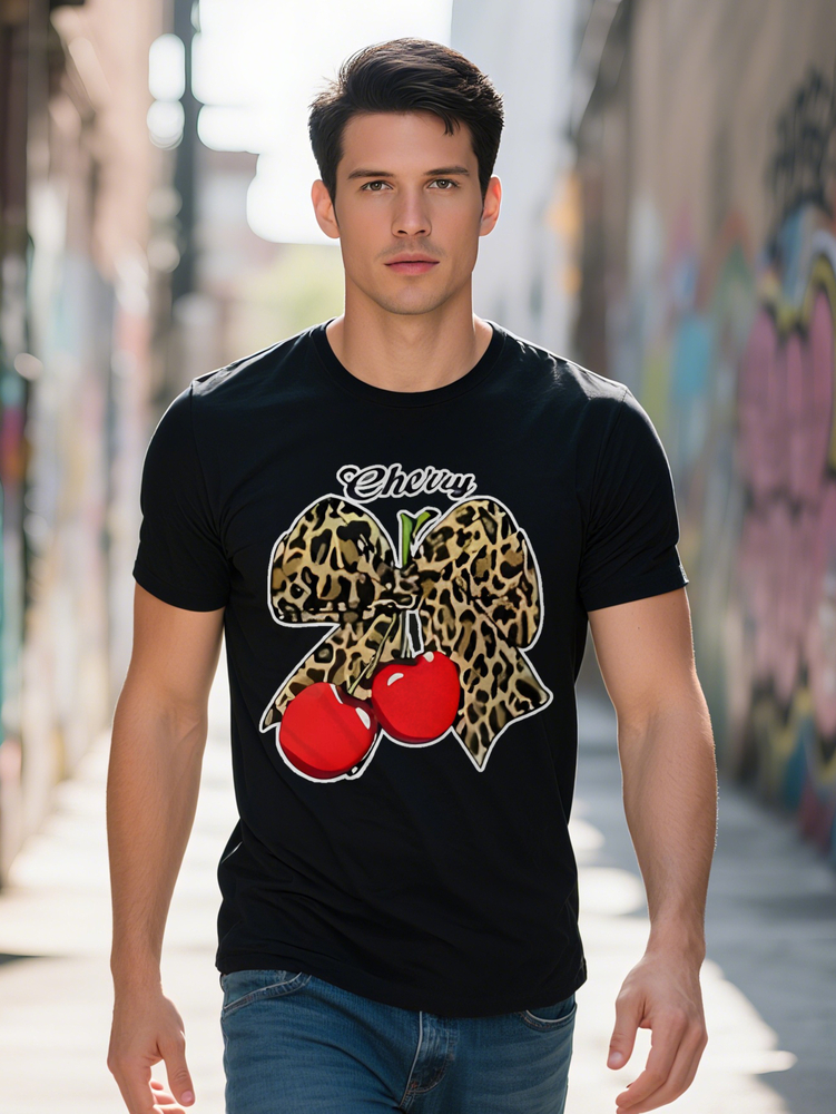Men S Crew Neck T-Shirt with Leopard Bow Cherries Design Black Soft Fabric Perfect for Summer Casual 7270f