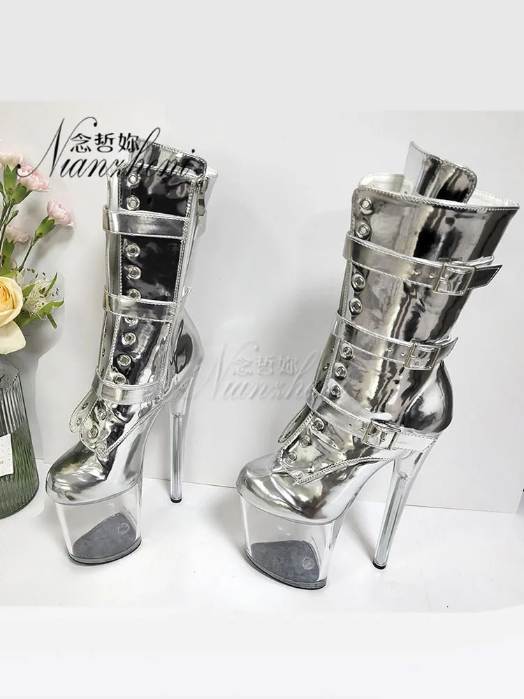 Stage Silver Shiny Surface Three-Piece Ankle Boots 20cm Crystal Catwalk Pole Dance Shoes Womens Gladiator Nightclub Round Toe 250812