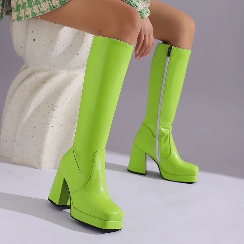 Candy Colored Glossy Patent Leather Material For Womens Knee Boots Square Toe Platform Ultra-High Thick Heel Winter Long Boots 250812