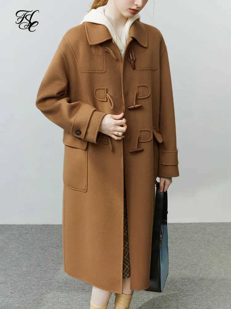 100% Wool Double-sided Woolen Coat with Horn Buttons Temperament Camel Mid Length Straight Coat Office Lady Neck Wool Jacket Z250813