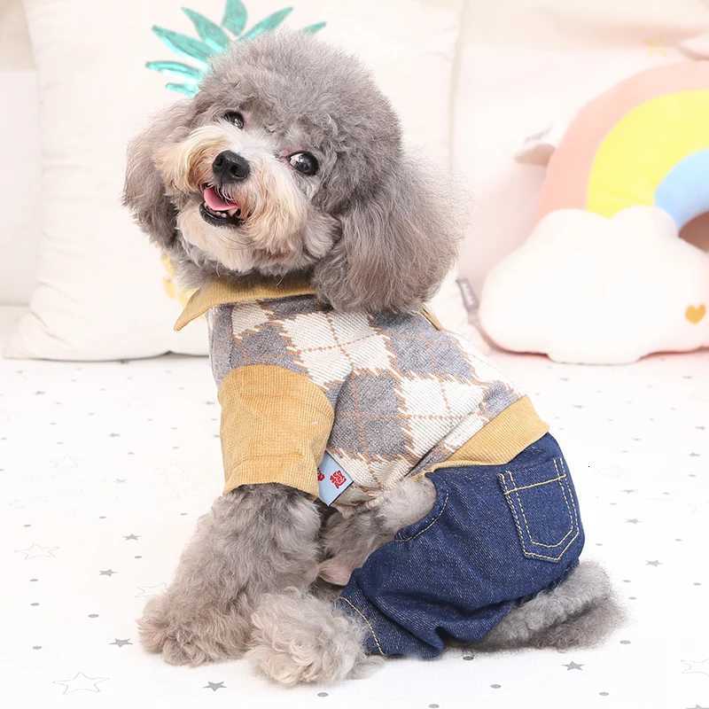 Plaid Pet Sweater Overall Jumpsuit With Denim Trousers Yellow Gray Autumn Spring Dog Boy Girl Suit Shih Tzu Puppy Apparel Sets XJ250813