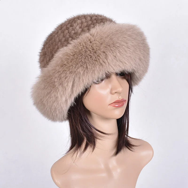 Besfilin Womens Genuine Mink Fox Fur Bucket Hat with Big Fox Brim Hand Knitted Casual Travel Warm Spring Autumn Winter 250808
