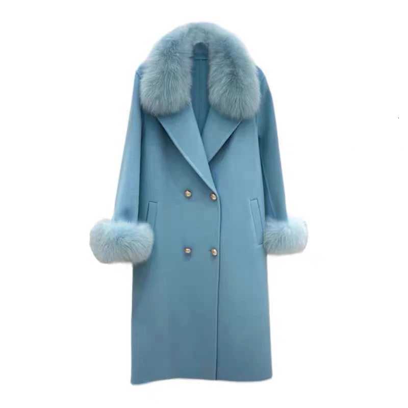 2023 Long Women Wool Cashmere Blended Coat Big Real Fur Collar Fashion Winter Jacket Double Breasted Belt Outerwear Cuffs Z250813