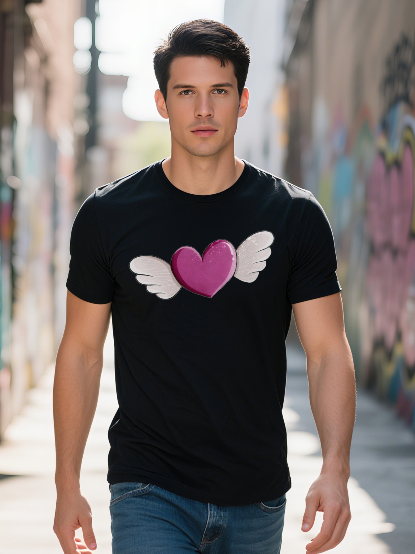 Men s Graphic Print Casual T-Shirt Black with Pink Heart White Wings Design Round Neck Summer Tee Regular Fit Top a19f9