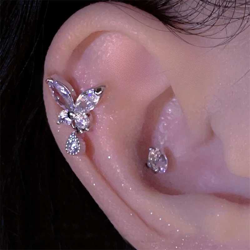 Shiny Hollow Silver Color Rhinestone Butterfly 316L StainlESS Steel Ear Bone Delicate Waterproof Small Earrings for Women Y250812