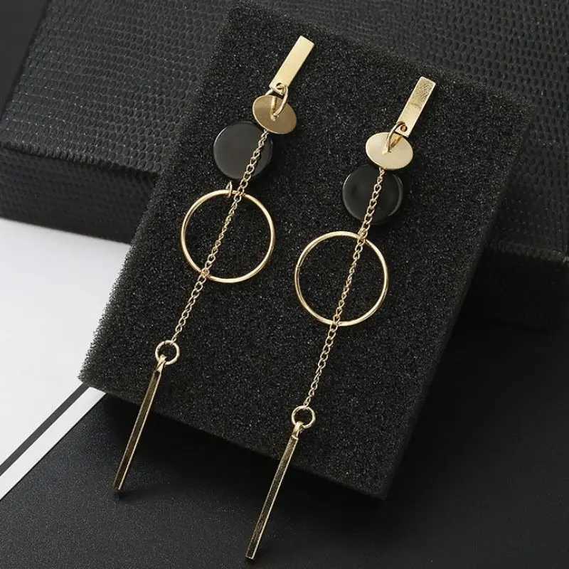 Black Round Hanging Earrings for Women Gold Color Link Tassel Earrings Bohemian Dangle Earrings Korean Fashion Ear Jewelry Y250812