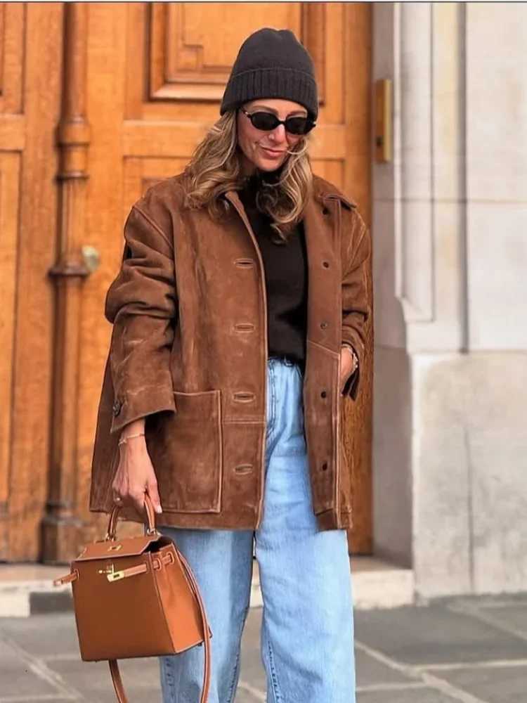 Trendy Brown Suede Jacket Women Vintage Loose Fit Autumn Coat 2025 Fall Single Breasted Lapel Casual Long Sleeve Lady Outerwear Z250813