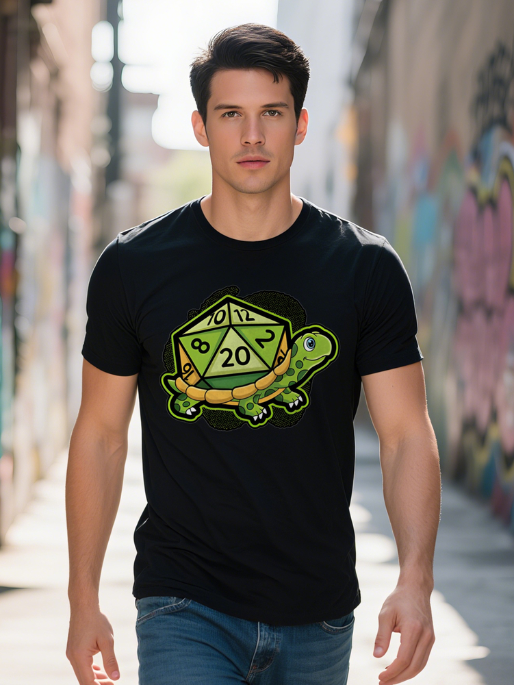 Casual Versatile Round Neck T-Shirt Green Turtle Sided Dice Print Graphic Top Men's Gift