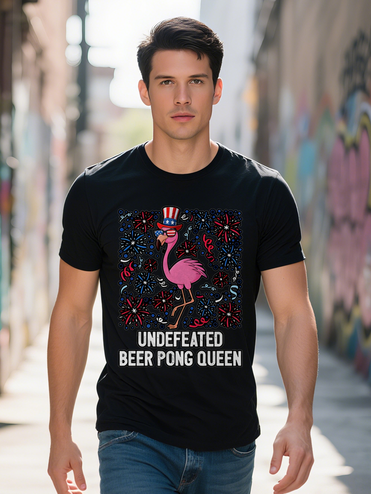 Men S Casual Round Neck T-Shirt Pink Flamingo with Red and White Blue Hat Print UNDEFEATED BEER PONG QUEEN Graphic