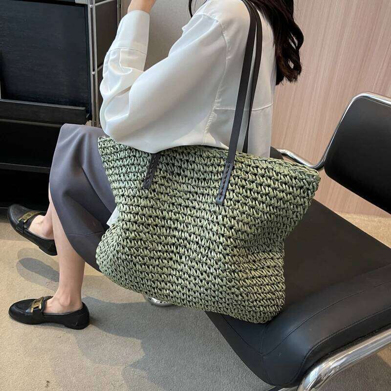 MOODS Design Straw Woven Tote Bags For Women Large Capacity Shoulder Beach Bag Pure Color Summer New Big Shopping Handbag