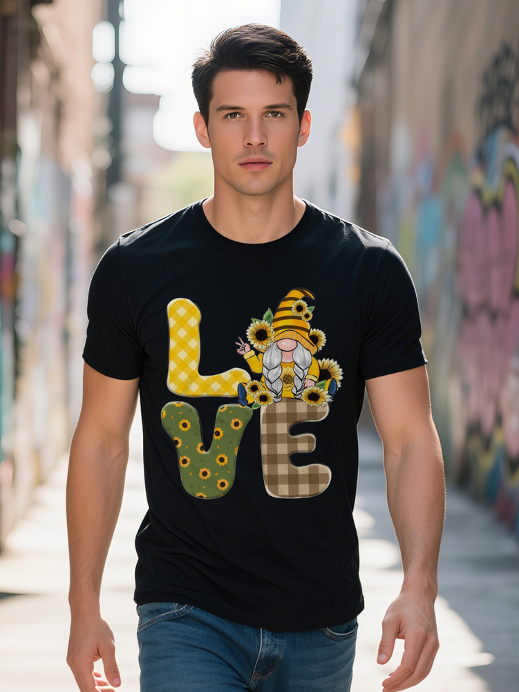 Men S Casual Crew Neck T-Shirt with LOVE Print Gnome Graphic Black Soft Blend Summer Style Perfect for Spring and Fall