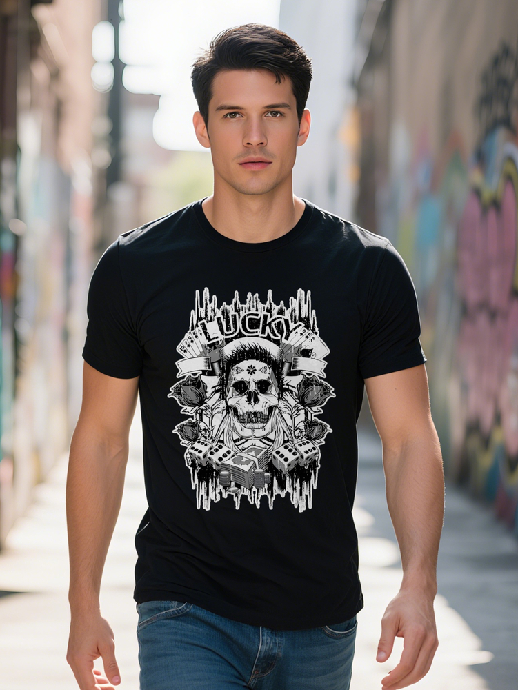 Graphic T Shirt Skull Floral Print with Bold LUCK Lettering Black Round Neck Regular Fit Men's Fashion Gift