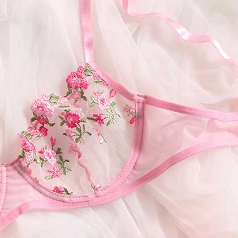 Bra Brief Set Woman 2 PCS Lingerie Sexy Floral Embroidery Underwear Mesh Intimate Transparent Lace Short Skin Care Bralette KitsXJ250812