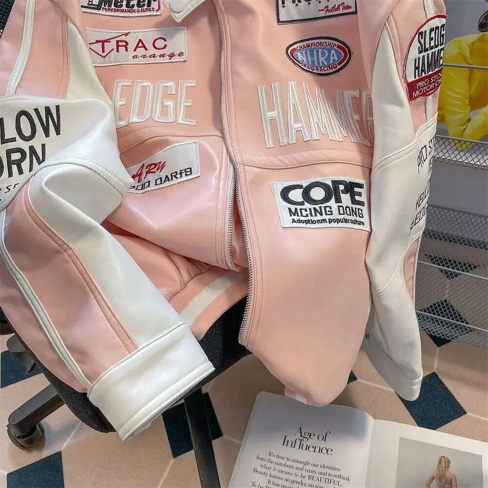 Motorcycle pu leather coat baseball jacket pink american style women autumn and winter fried street high level clothes