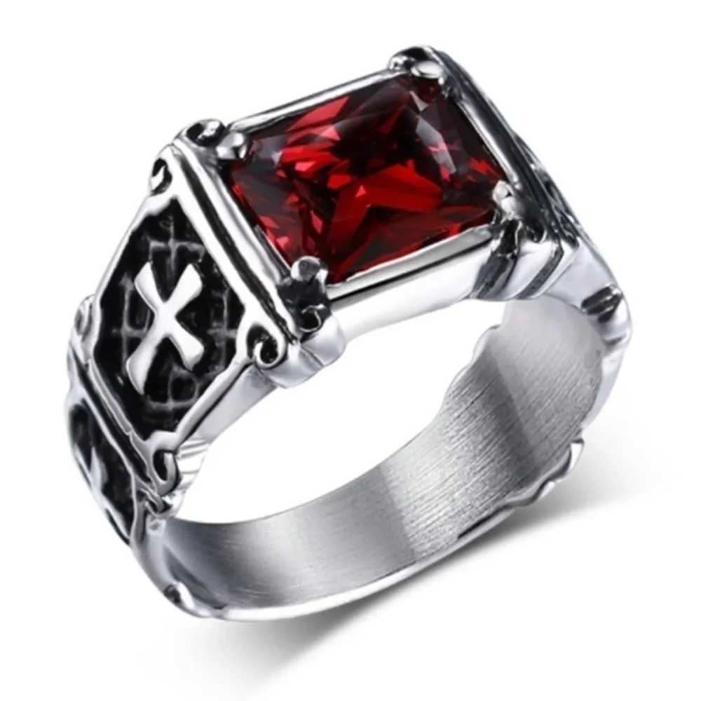 New Fashion Creative Trend Delicate Compact Red Gemstone Cross Pattern Ring Retro Mens Street Party Niche Ring Gift Jewelry W250812